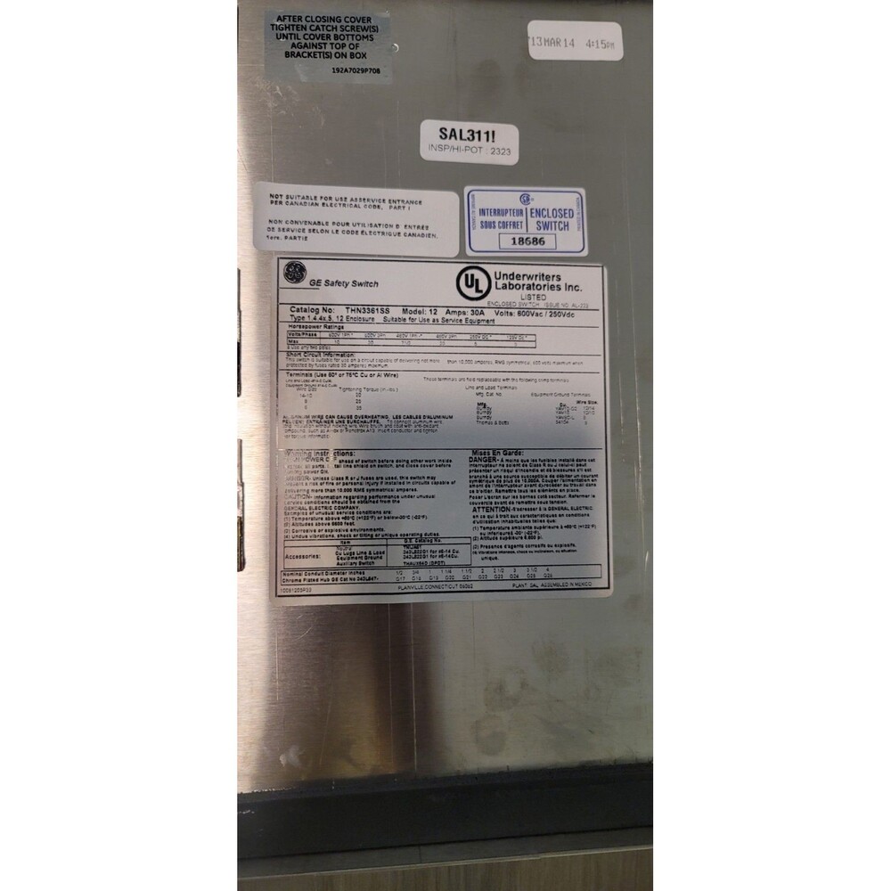 General Electric TH2261SSDC 2-Pole 30A 600V Heavy Duty Safety Switch (R9) - Picture 8 of 8
